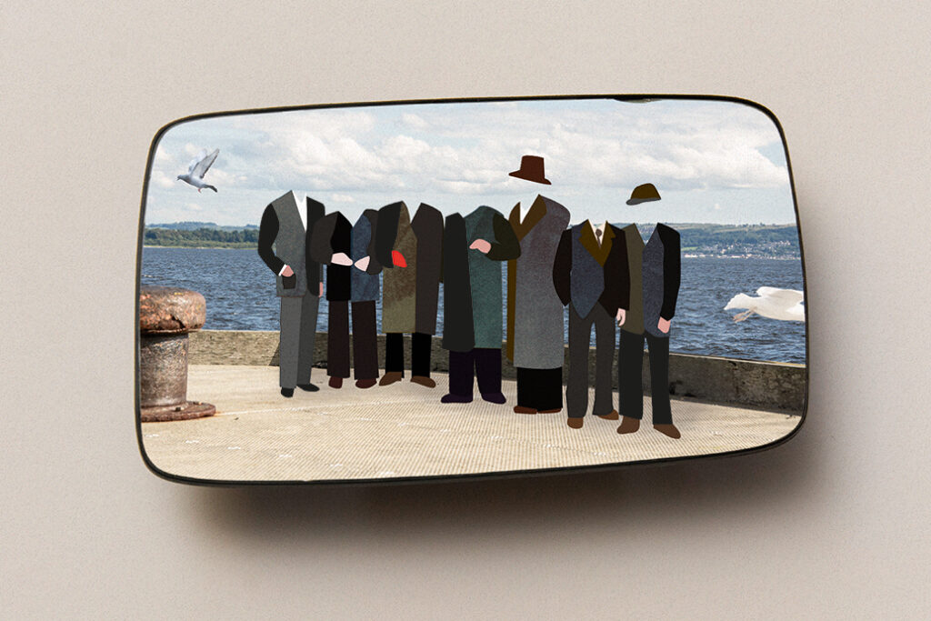 illustratie van mannen bij de zee in pak